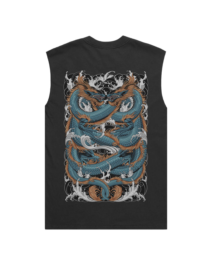 Twin Dragon Faded black men’s graphic tank top features original in-house artwork inspired by Irezumi. The design combines dragons and waves, drawing from Japanese tattoo art, folklore and traditional illustration.