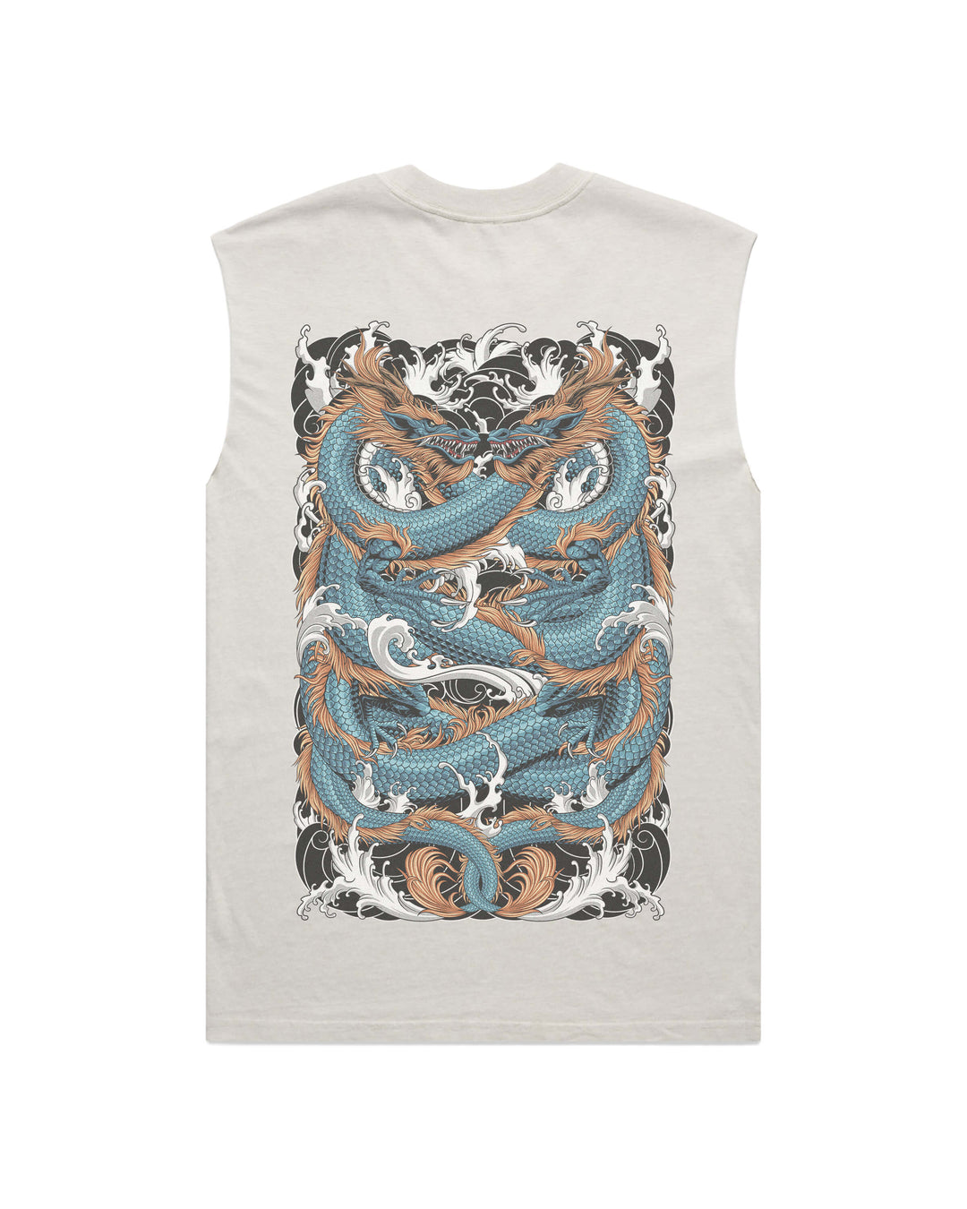 Twin Dragon men’s faded bone graphic tank top features original in-house artwork inspired by irezumi influence. The design combines drragon and waves, drawing from Japanese tattoo art, folklore and traditional illustration.