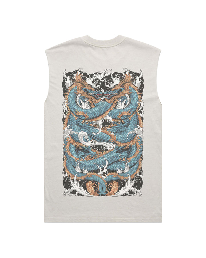 Twin Dragon men’s faded bone graphic tank top features original in-house artwork inspired by irezumi influence. The design combines drragon and waves, drawing from Japanese tattoo art, folklore and traditional illustration.