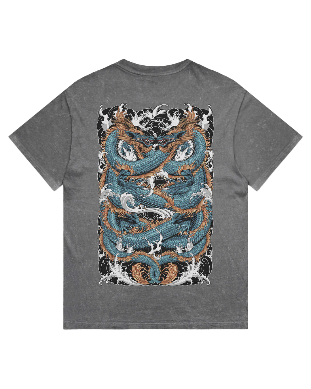 A coal stonewash short-sleeve t-shirt with a large graphic print on the back featuring two stylized blue and brown koi fish swimming through white waves, set against a plain white background.