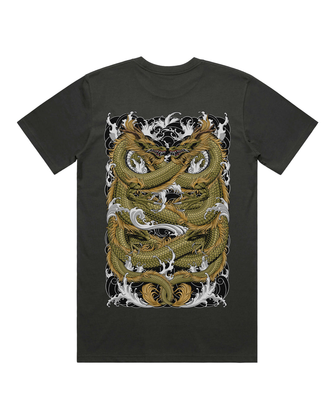Coal graphic t-shirt with irezumi twin dragons large on the back