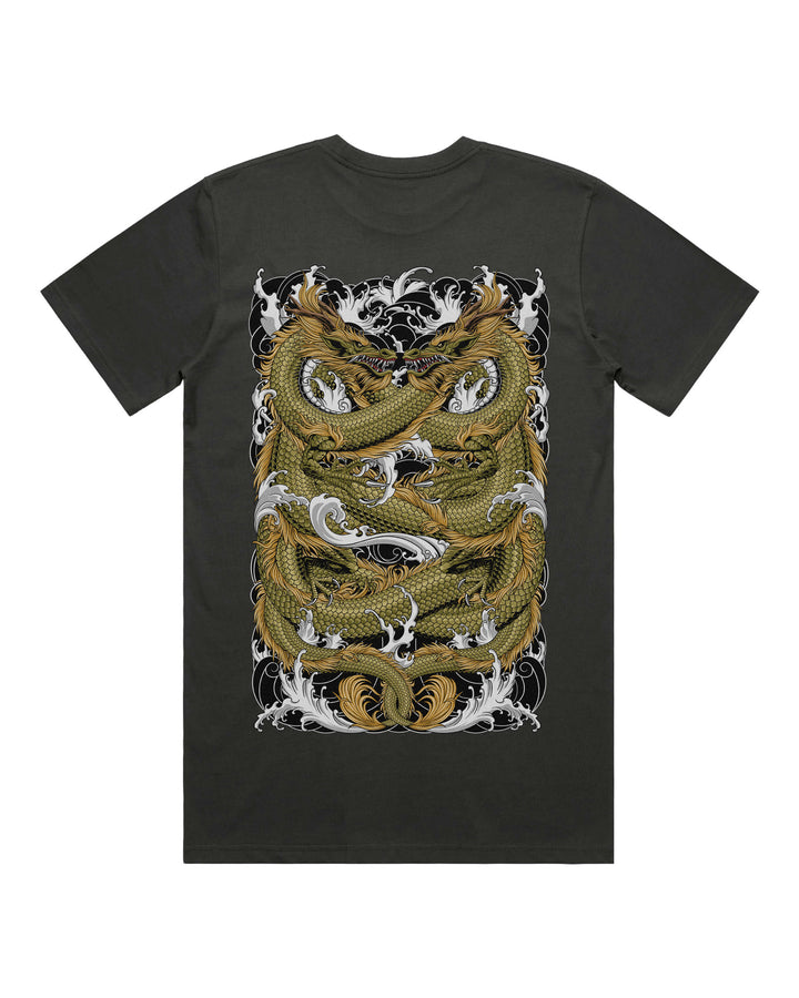 Coal graphic t-shirt with irezumi twin dragons large on the back
