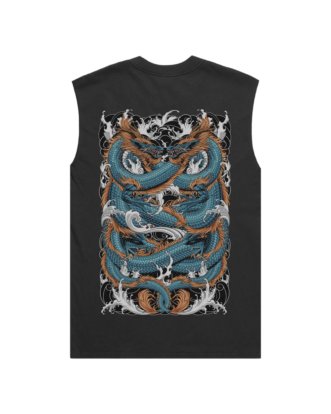 Faded black tank top with irezumi inspired twin blue dragons print
