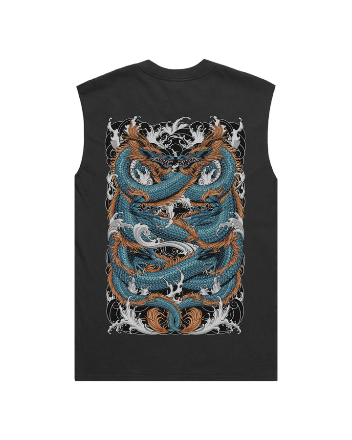 Faded black tank top with irezumi inspired twin blue dragons print