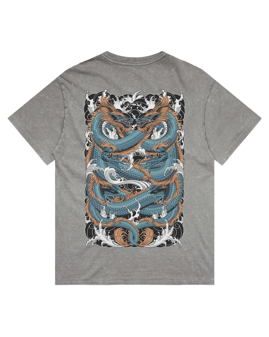 A grey stonewash short-sleeve t-shirt shown from the back, featuring a large graphic print of two intertwined koi fish swimming through stylized waves. The fish are detailed in shades of teal blue, brown, and white, set against a black and white wave background.