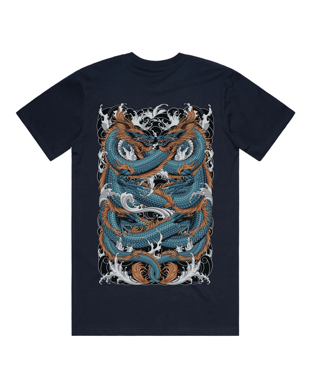 Navy graphic t-shirt with large twin blue dragons print on the back