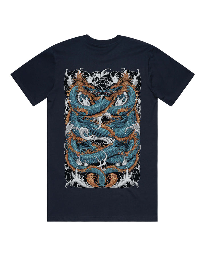 Navy graphic t-shirt with large twin blue dragons print on the back