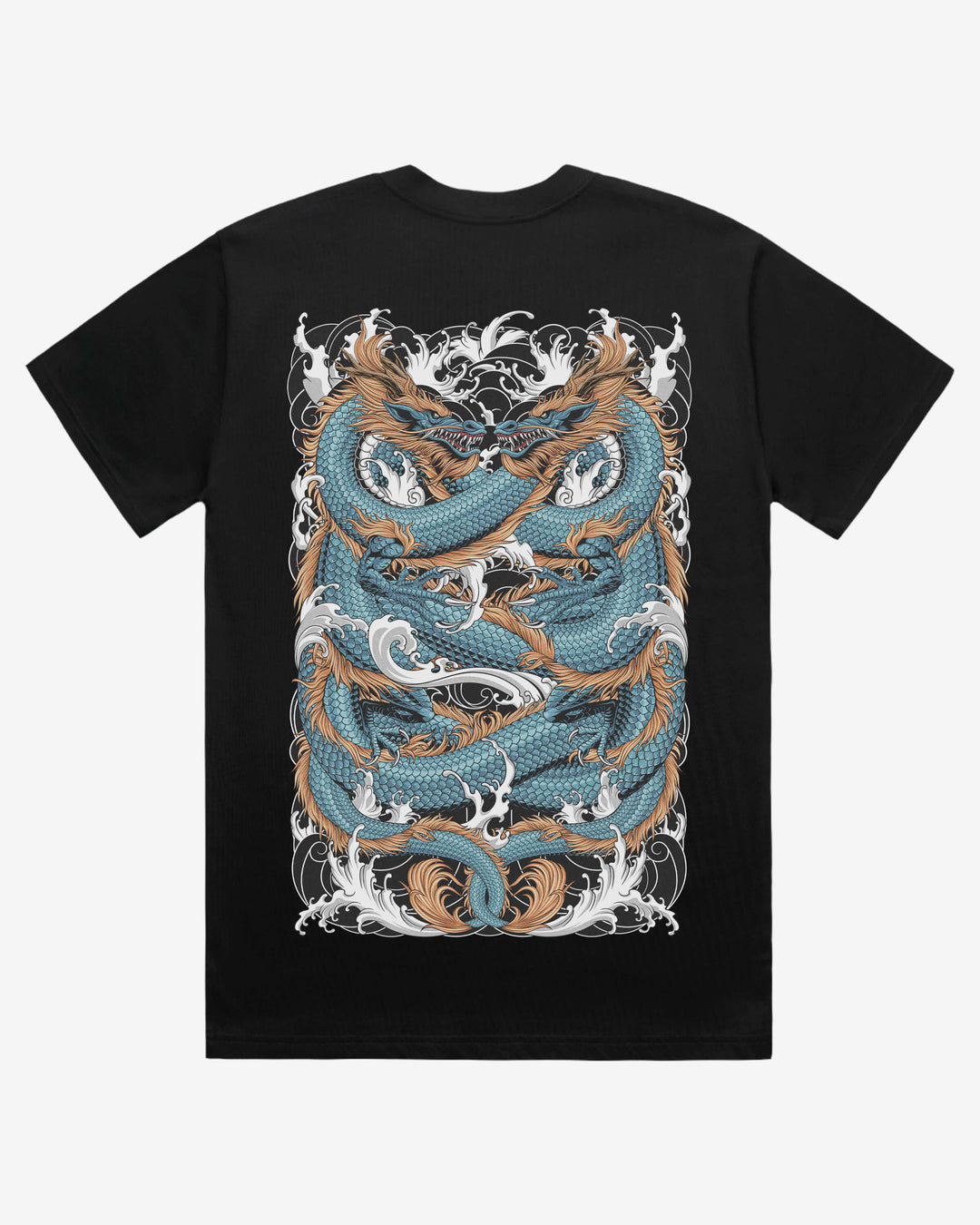 Black t-shirt with a dragon design on a white background