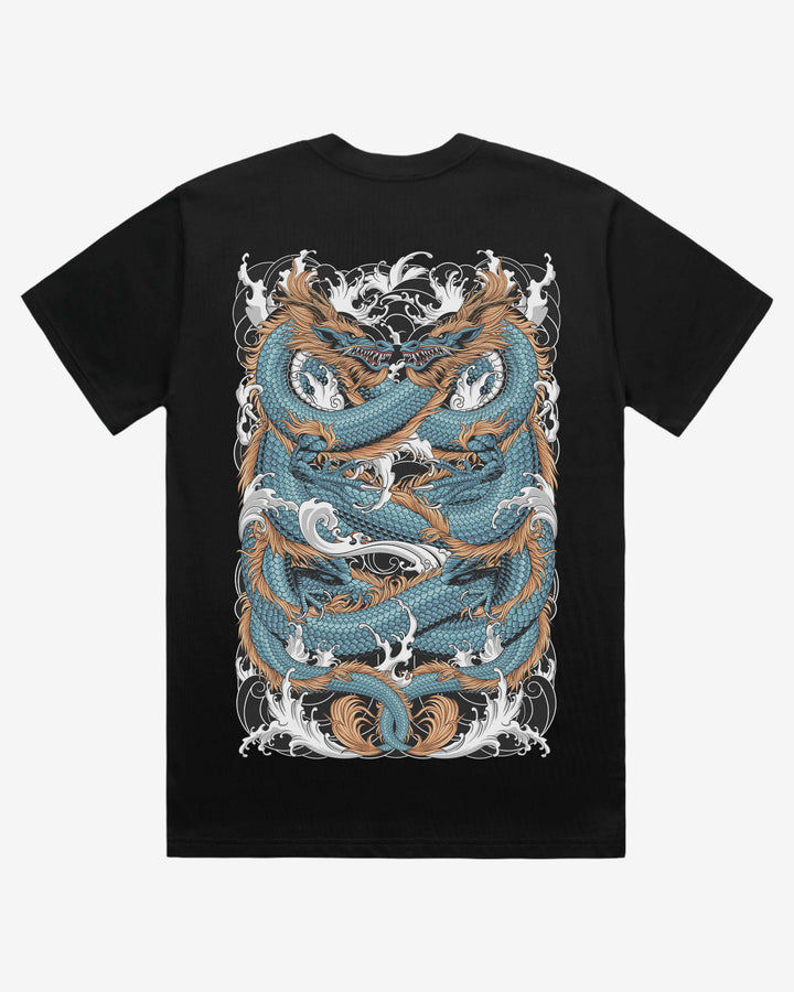 Black t-shirt with a dragon design on a white background