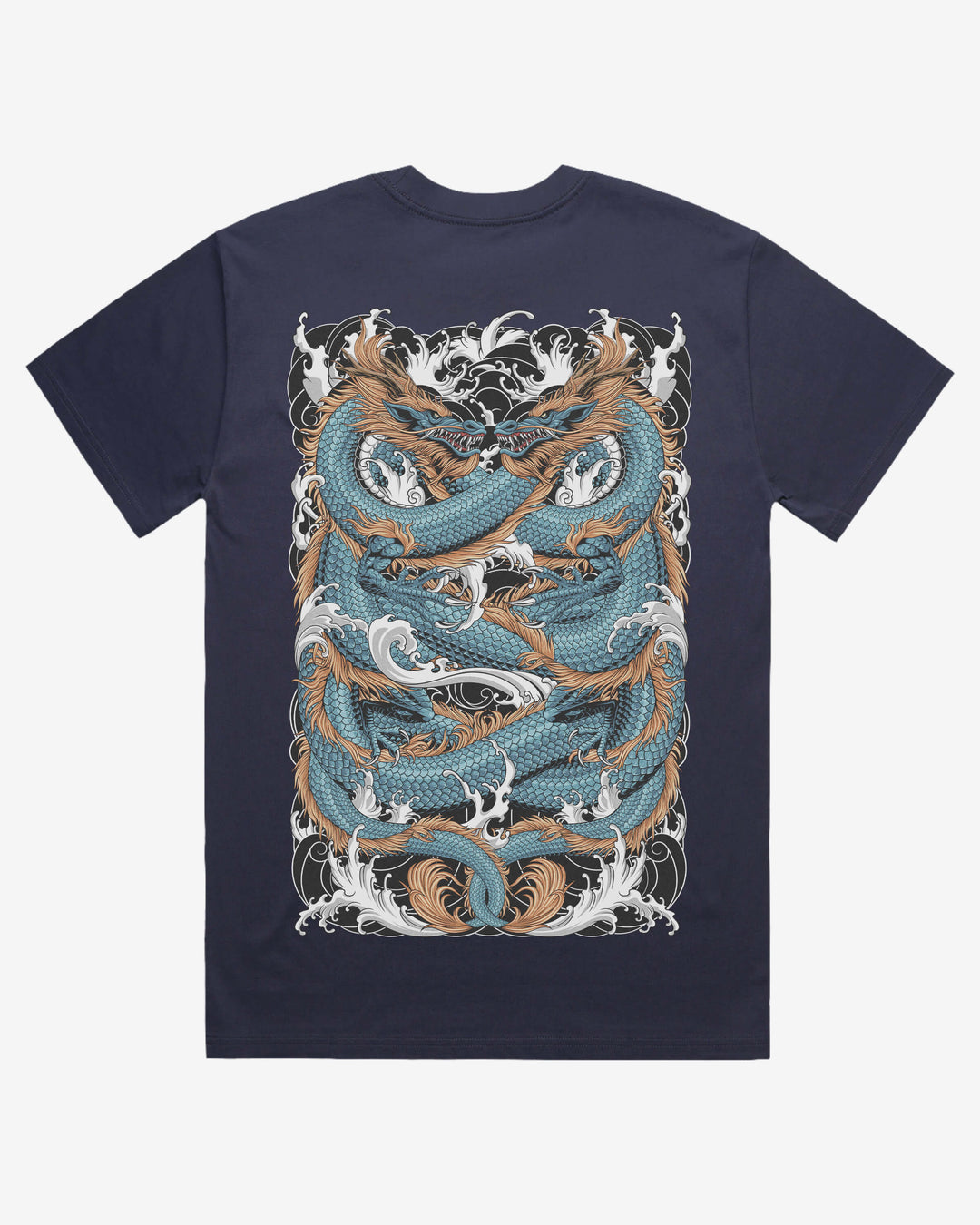 midnight blue t-shirt with a dragon design on a white background
