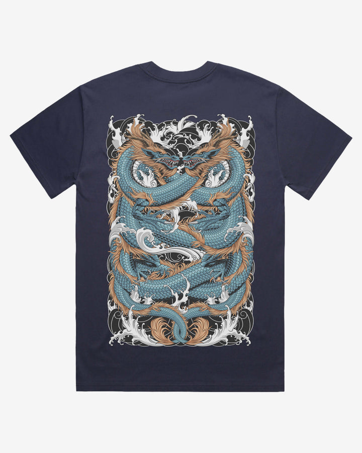 midnight blue t-shirt with a dragon design on a white background