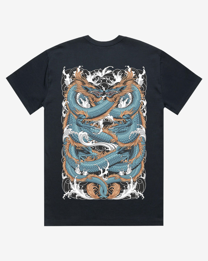 navy blue t-shirt with a dragon design on a white background