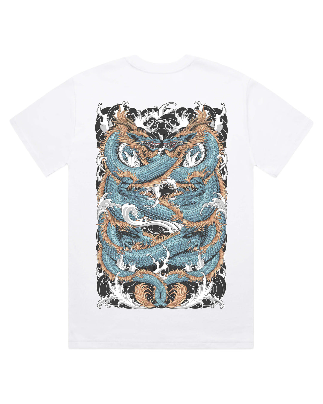white t-shirt with a dragon design on a white background