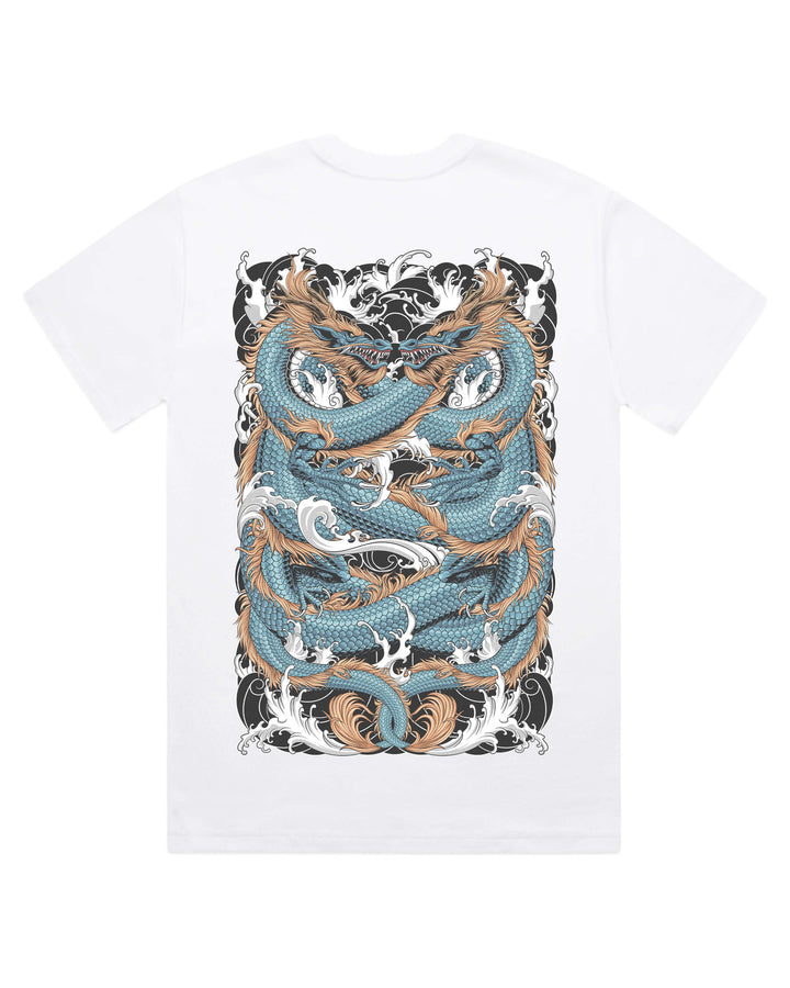 white t-shirt with a dragon design on a white background