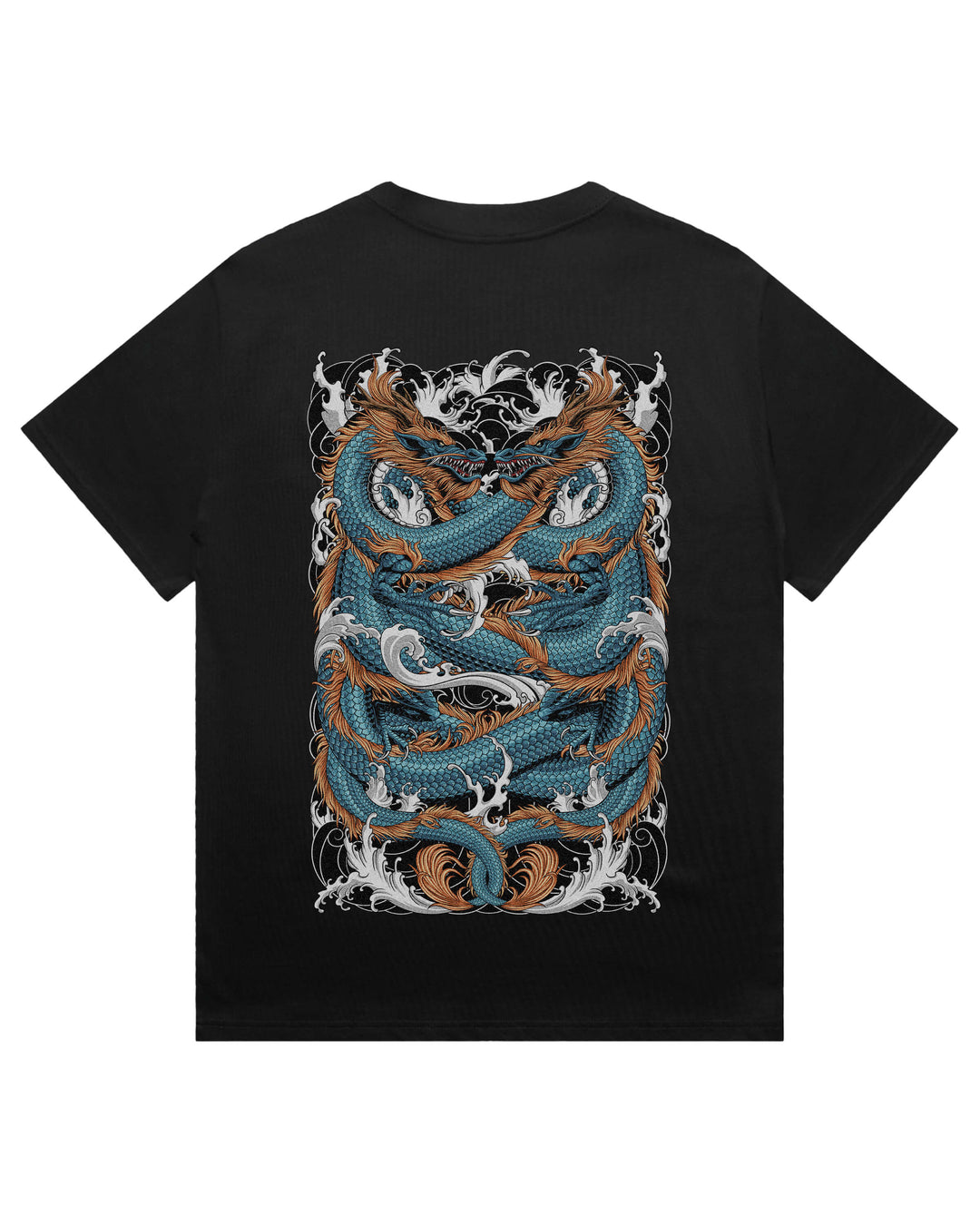 Oversized black t-shirt with irezumi inspired twin dragons graphic print