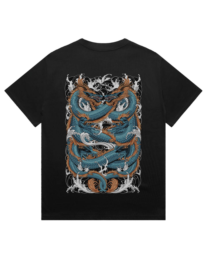 Oversized black t-shirt with irezumi inspired twin dragons graphic print