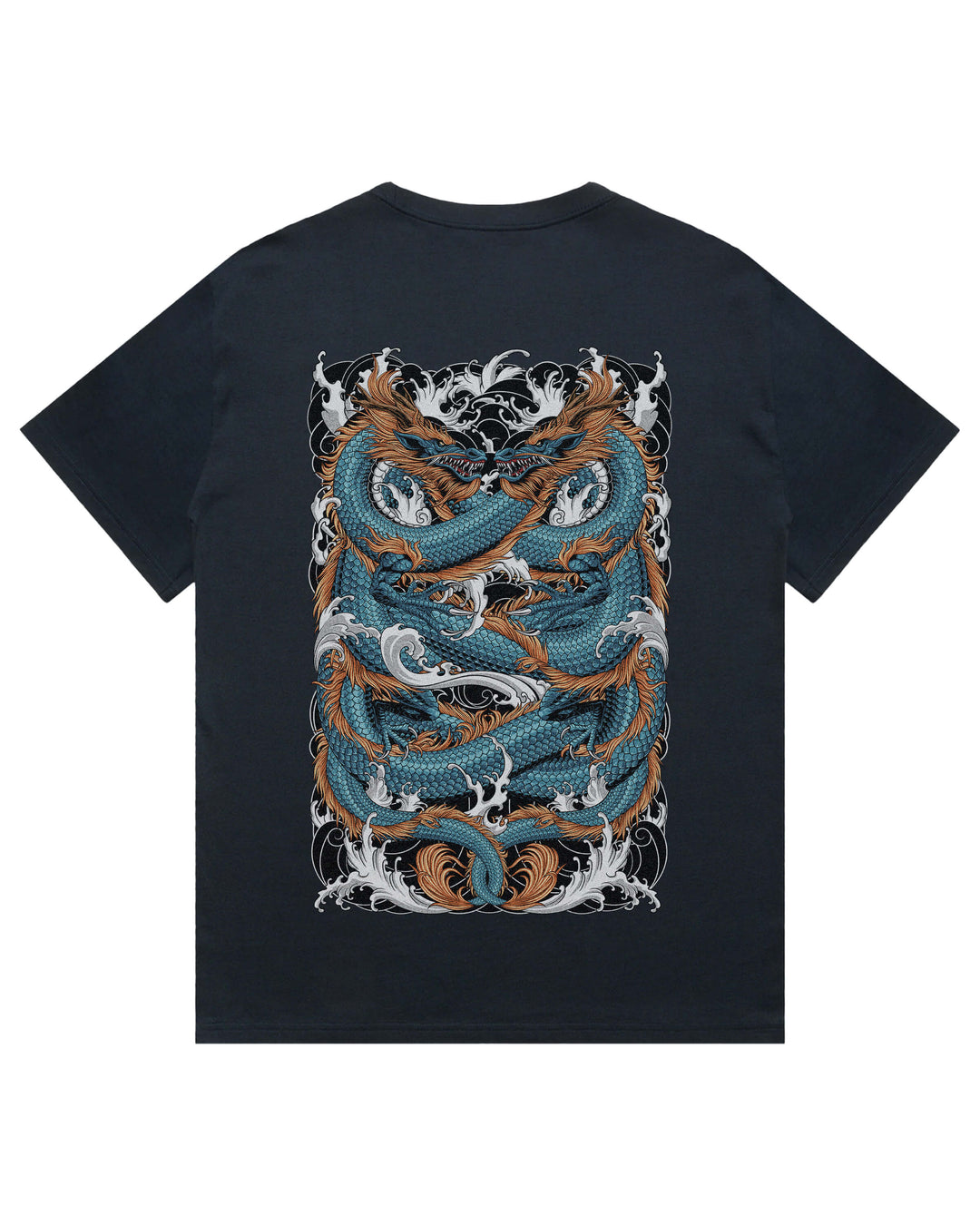 Oversized navy t-shirt with irezumi inspired twin dragons graphic print