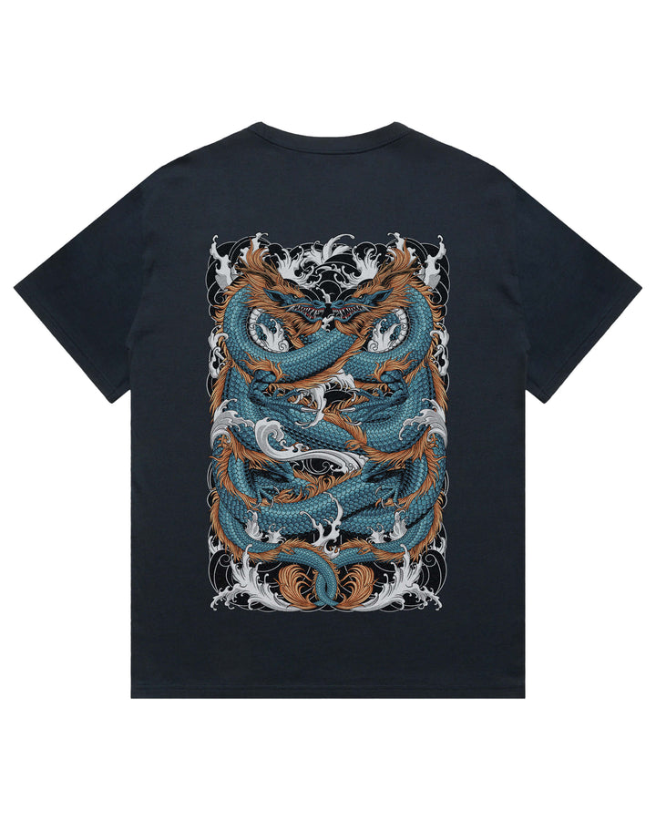 Oversized navy t-shirt with irezumi inspired twin dragons graphic print