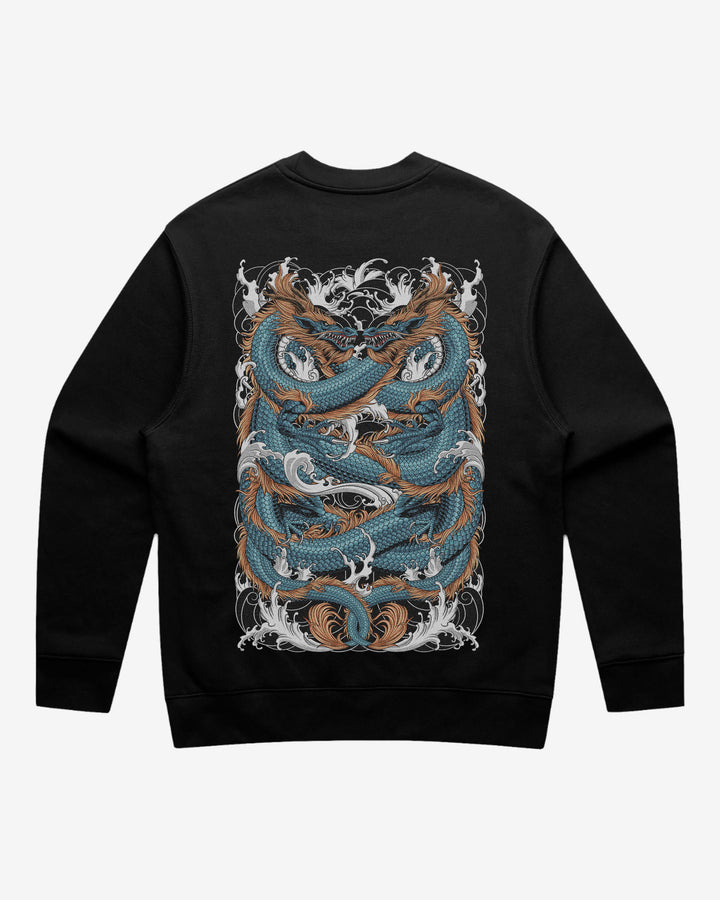 Blue Double Dragon Relaxed Fit Graphic Sweatshirt With Large Tattoo Inspired Back Print