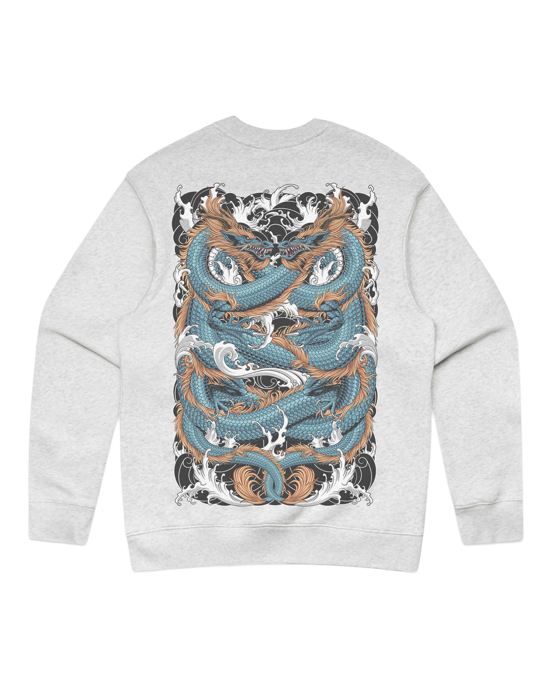 White heather graphic sweatshirt featuring original in-house twin dragon artwork inspired by irezumi, Japanese tattoo composition and traditional illustration. The design is applied as a large back print