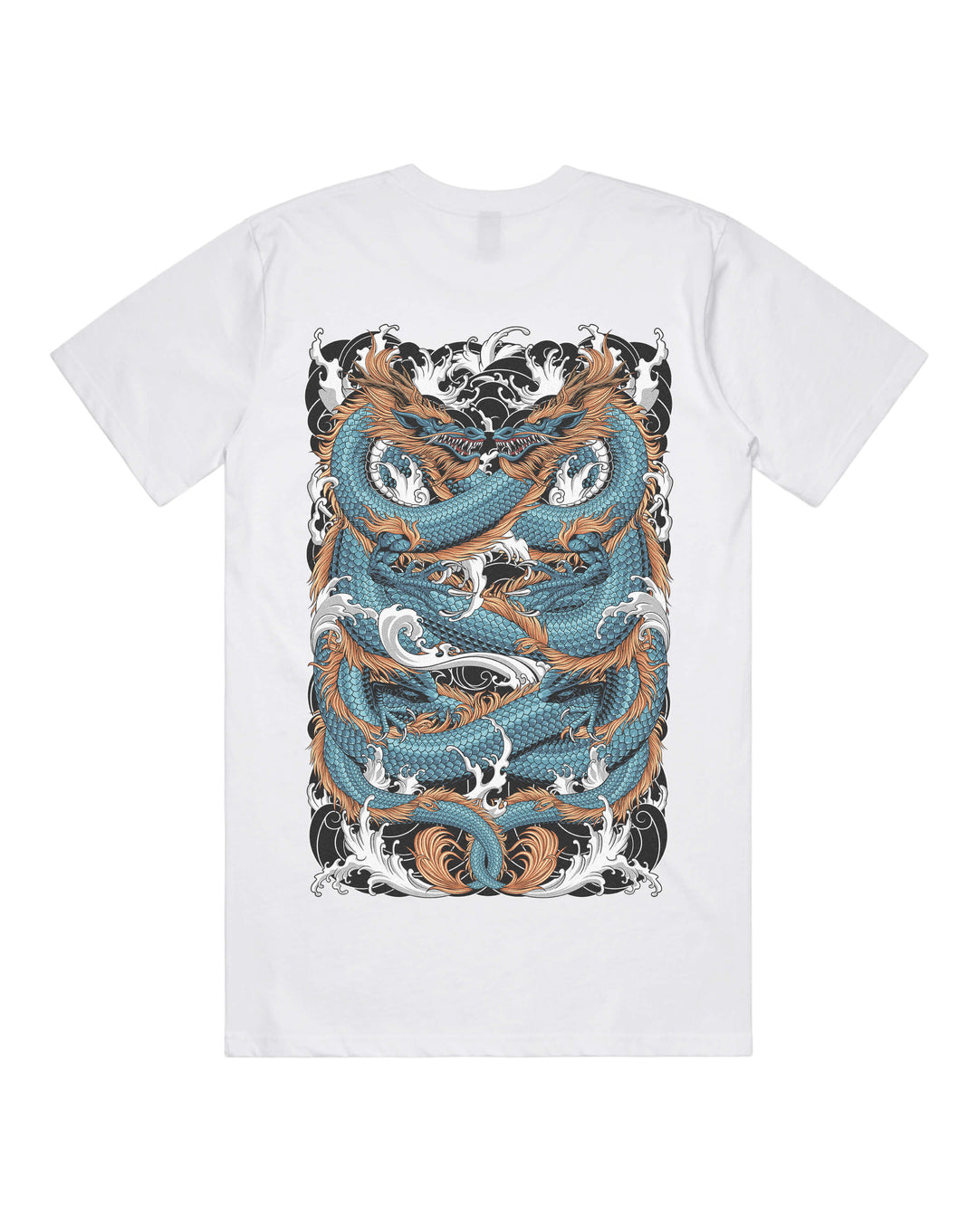 White graphic t-shirt with large twin blue dragons print on the back