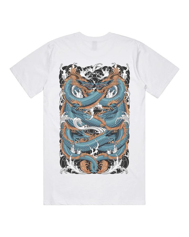 White graphic t-shirt with large twin blue dragons print on the back