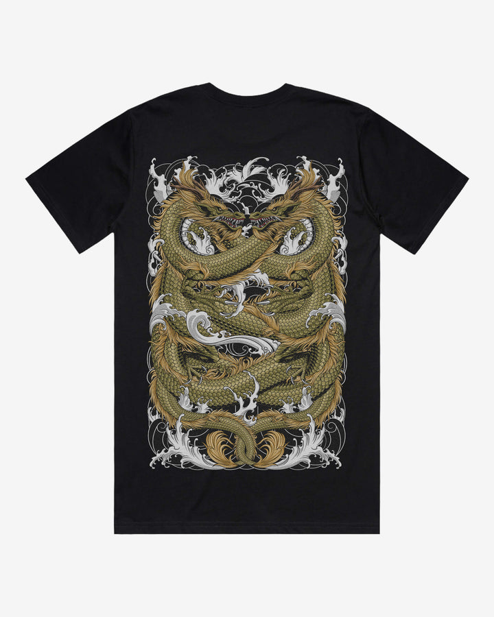 Gold Double Dragon Relaxed Fit Graphic Tee With Large Japanese Tattoo Inspired Back Print