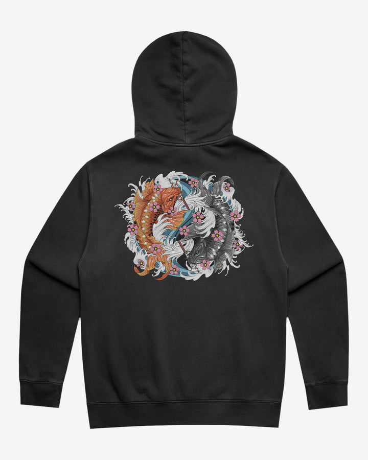 Twin koi fish Irezumi graphic back print on faded black pullover hoodie.