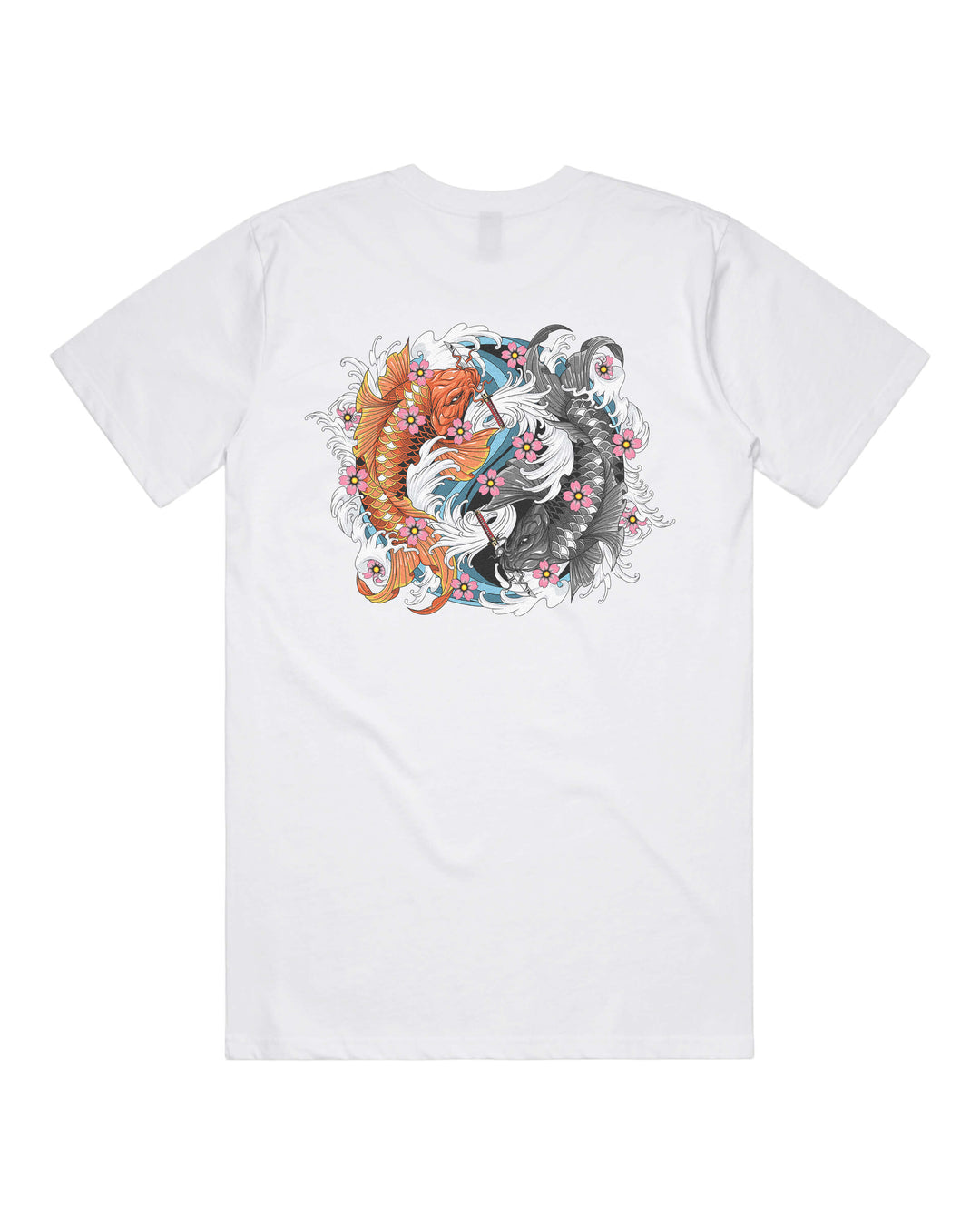 White graphic t-shirt with large twin koi fish in yin yang harmony back print