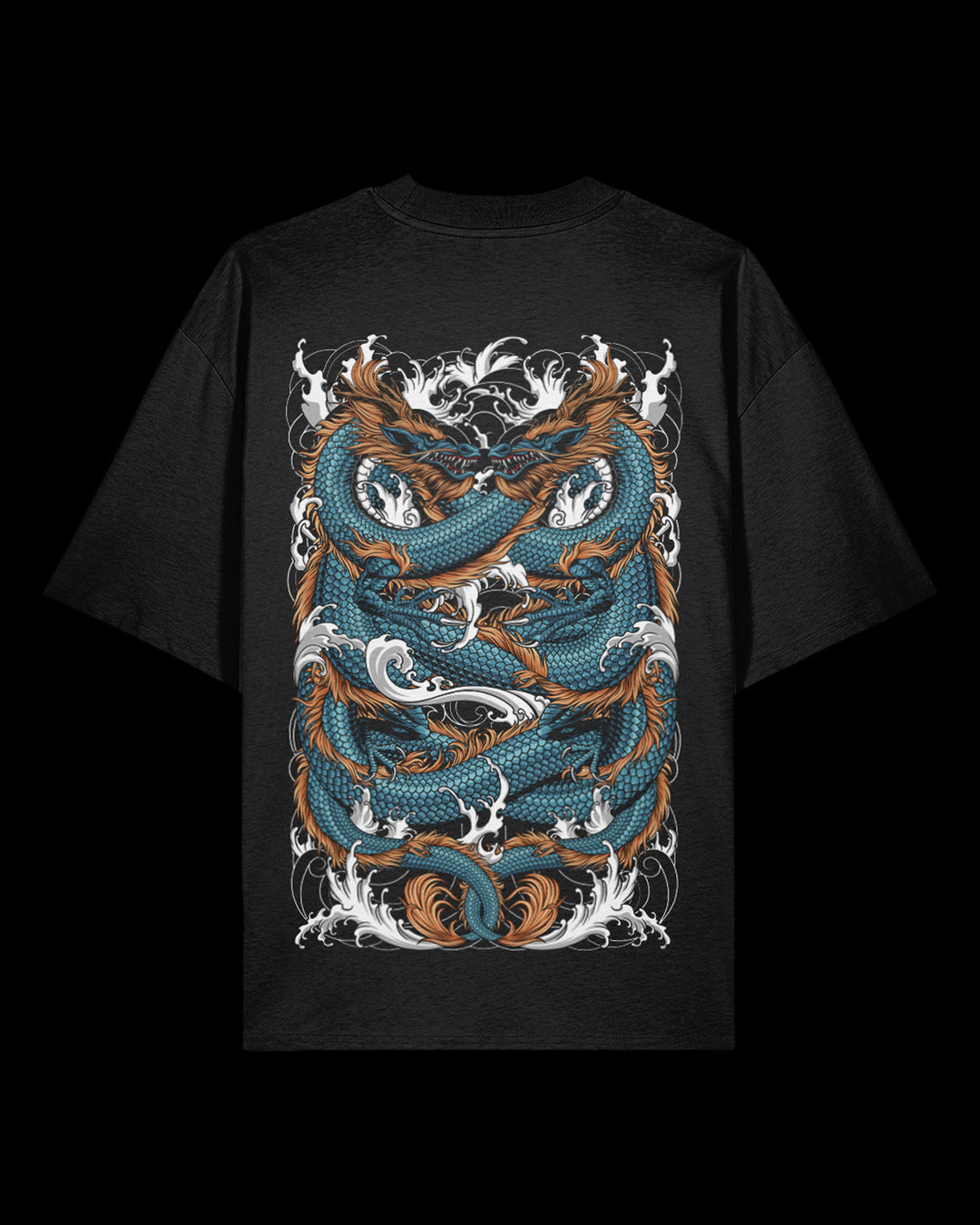 Black t-shirt with a dragon design on a black background