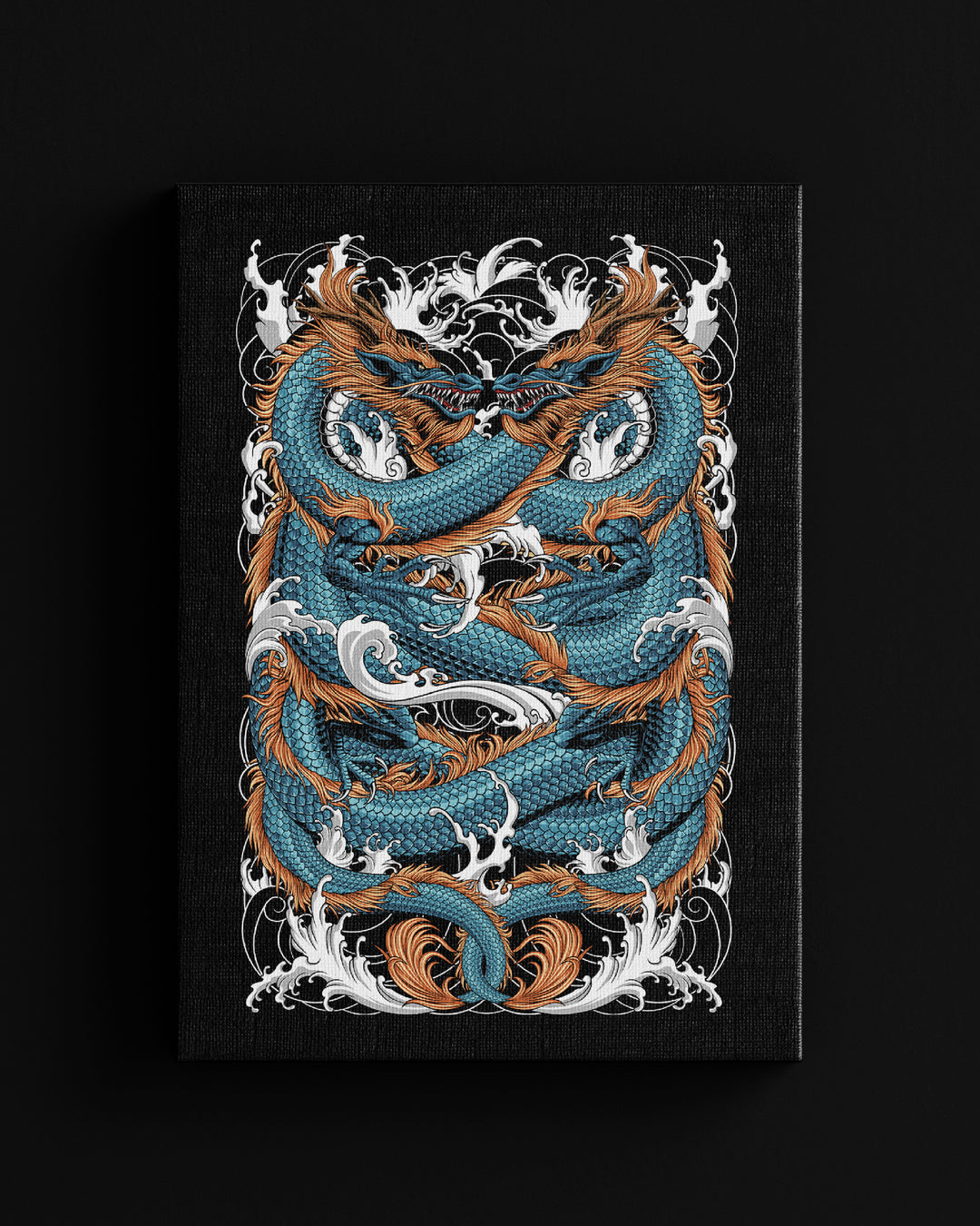 irezumi inspired double blue dragon canvas