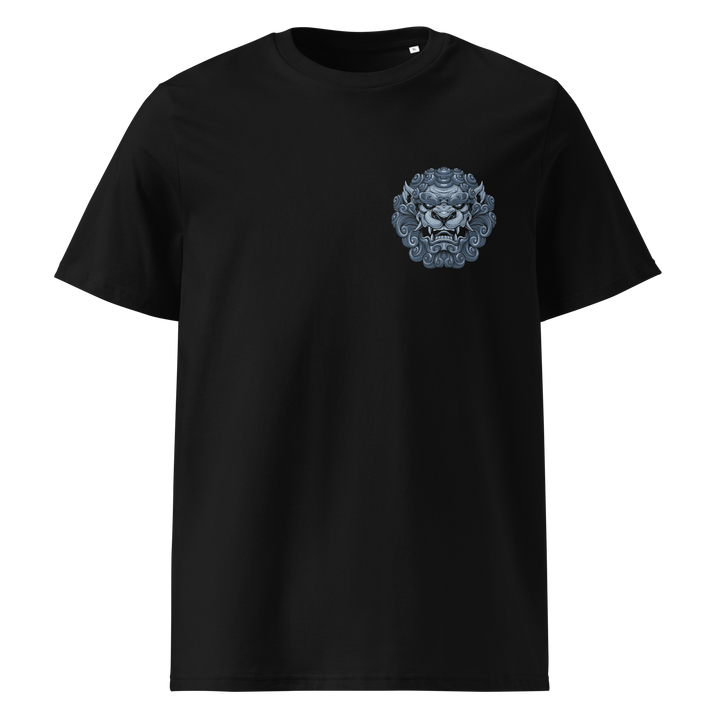 A premium black t-shirt with a cobalt blue Komainu design on the left chest, showcasing intricate detailing of the Japanese guardian lion-dog symbol.