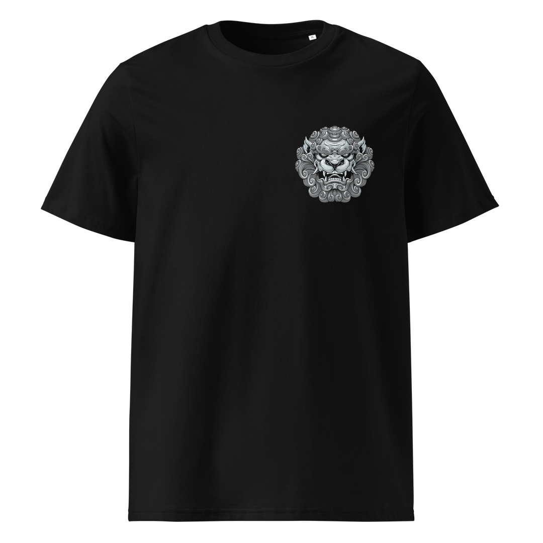 A premium black t-shirt with a stone gray Komainu design on the left chest, intricately showcasing the Japanese guardian lion-dog symbol.