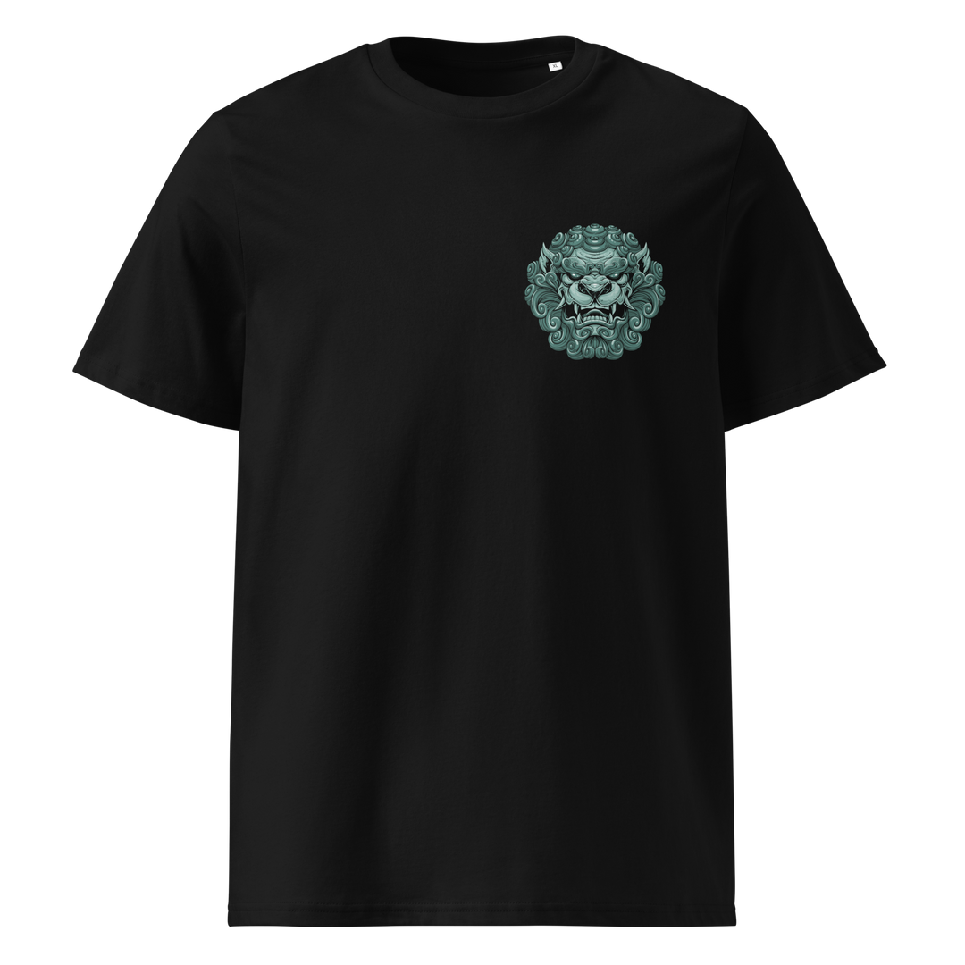 A premium black t-shirt featuring a jade green Komainu design on the left chest, detailed with the Japanese guardian lion-dog symbol.