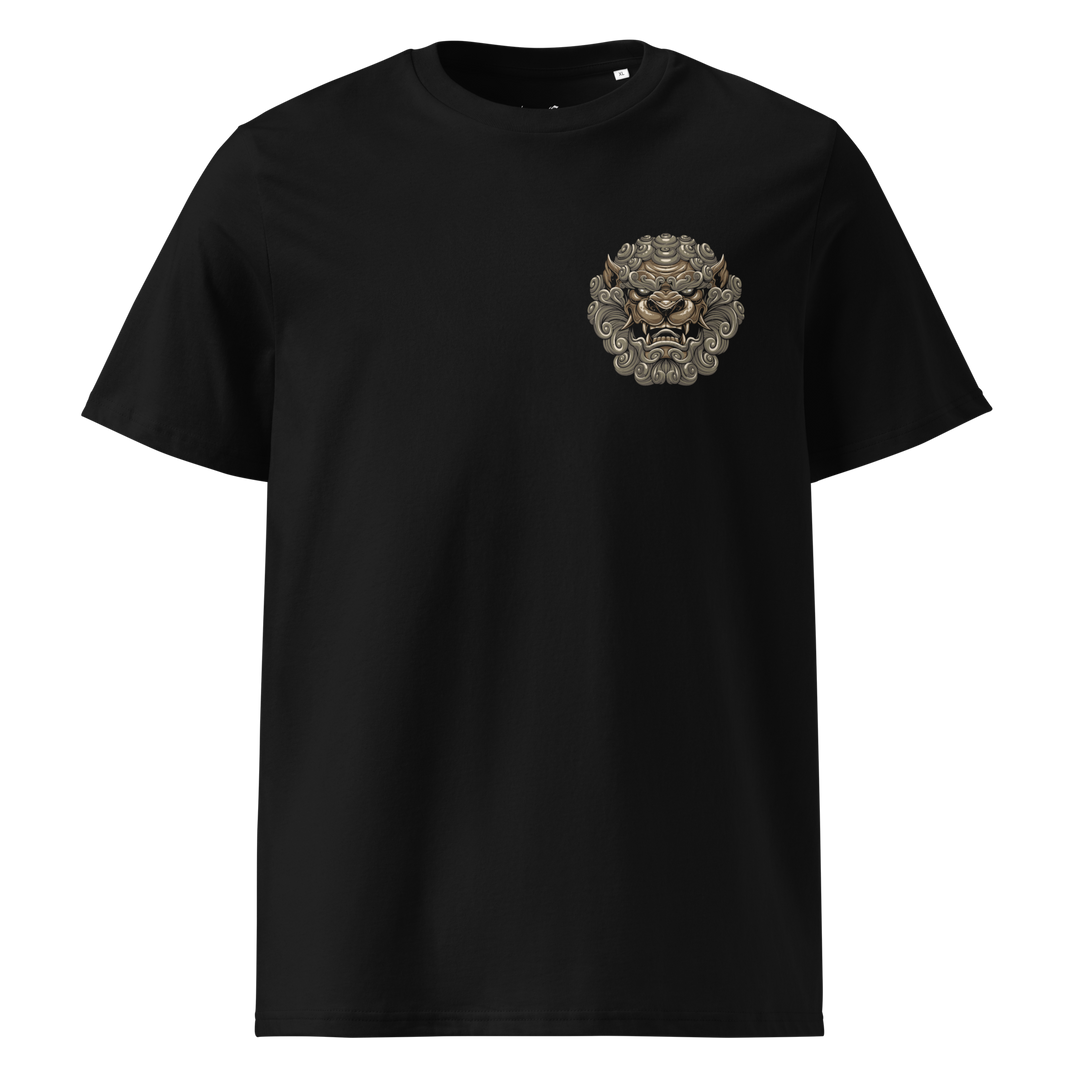 A premium black t-shirt with a gold Komainu design on the left chest, showcasing intricate detailing of the traditional Japanese guardian lion-dog, symbolizing strength and protection.