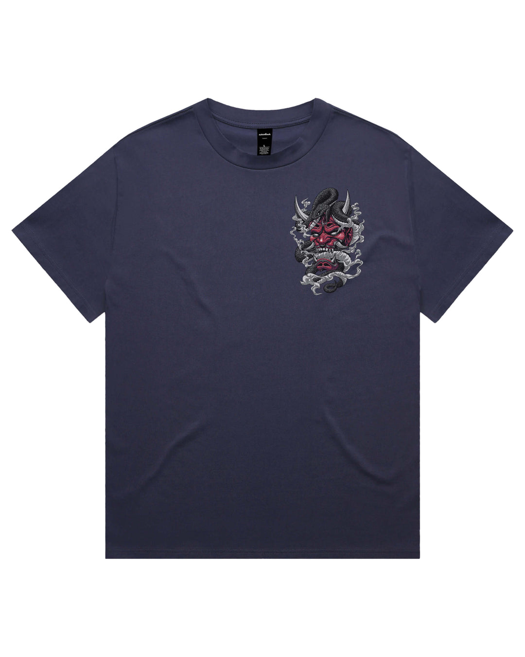 Oversized blue-inspired tee with red oni mask & snake left chest graphic print