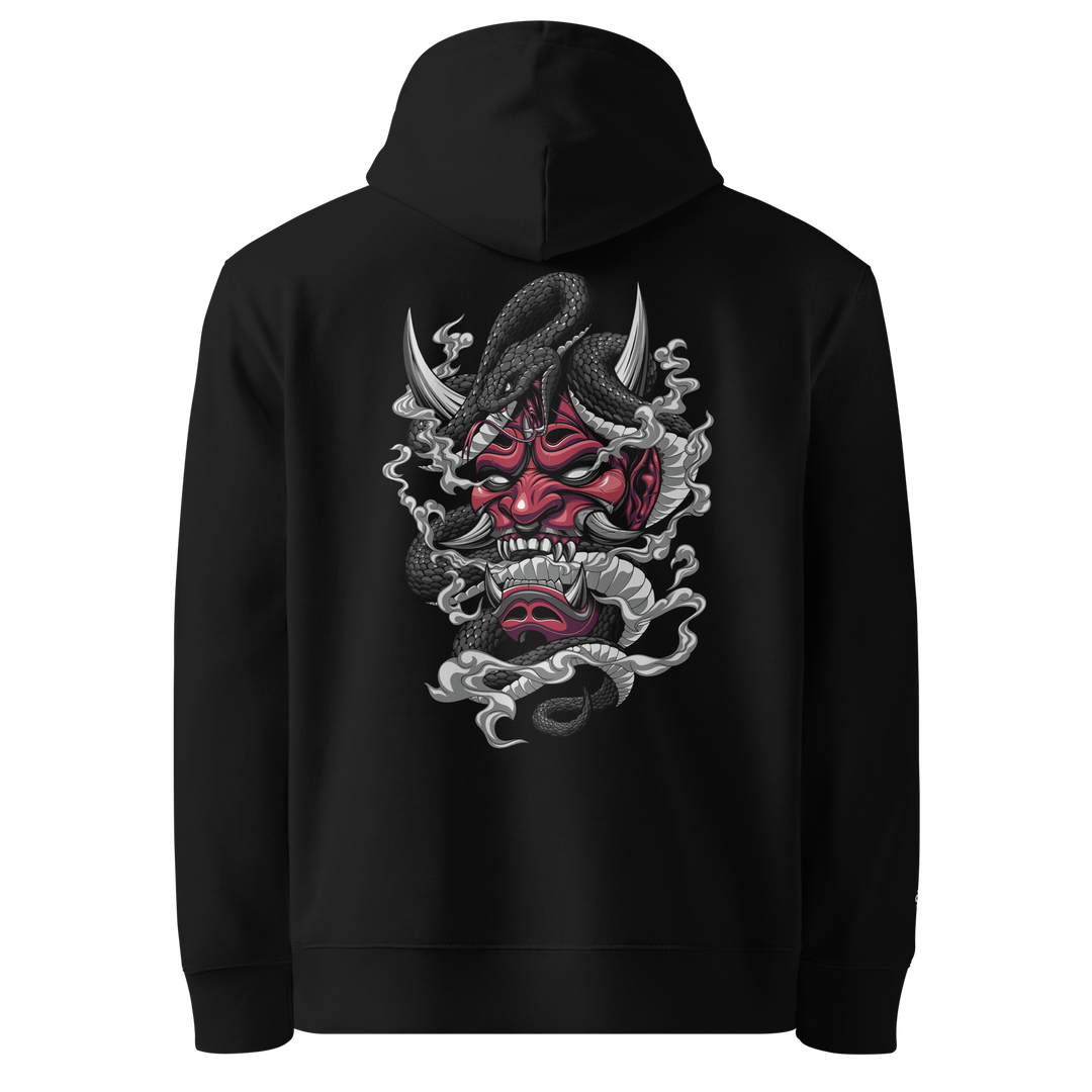 Venomous Visage Graphic Hoodie in Black featuring a back print of an Oni mask and a serpent.