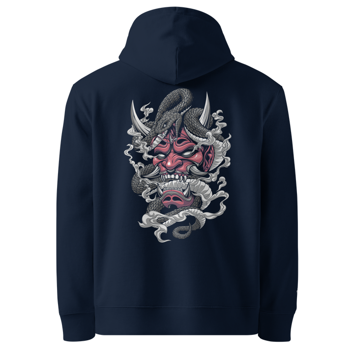 Venomous Visage Graphic Hoodie in French Navy featuring a back print of an Oni mask and a serpent.