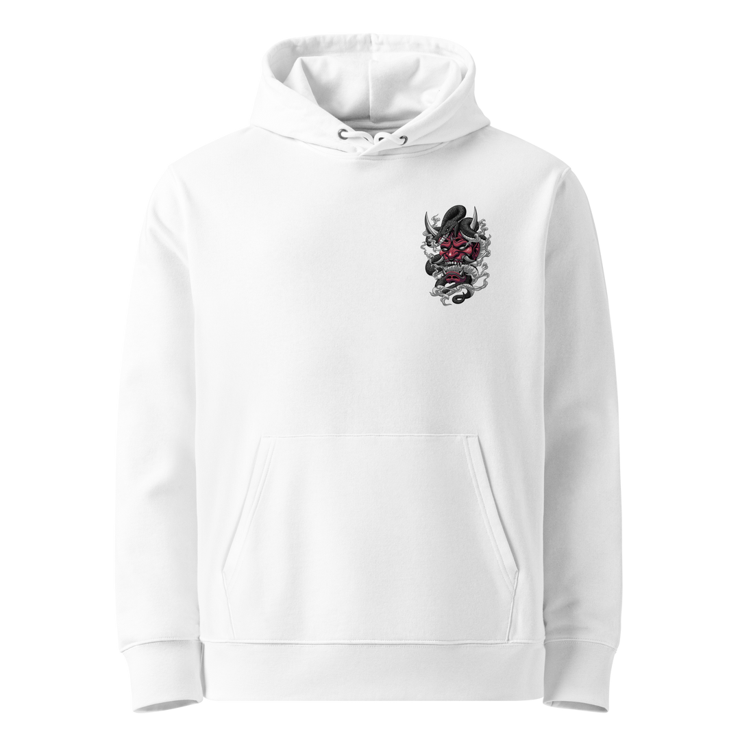 Venomous Visage Graphic Hoodie in White with a minimalist Oni mask and serpent left chest print.