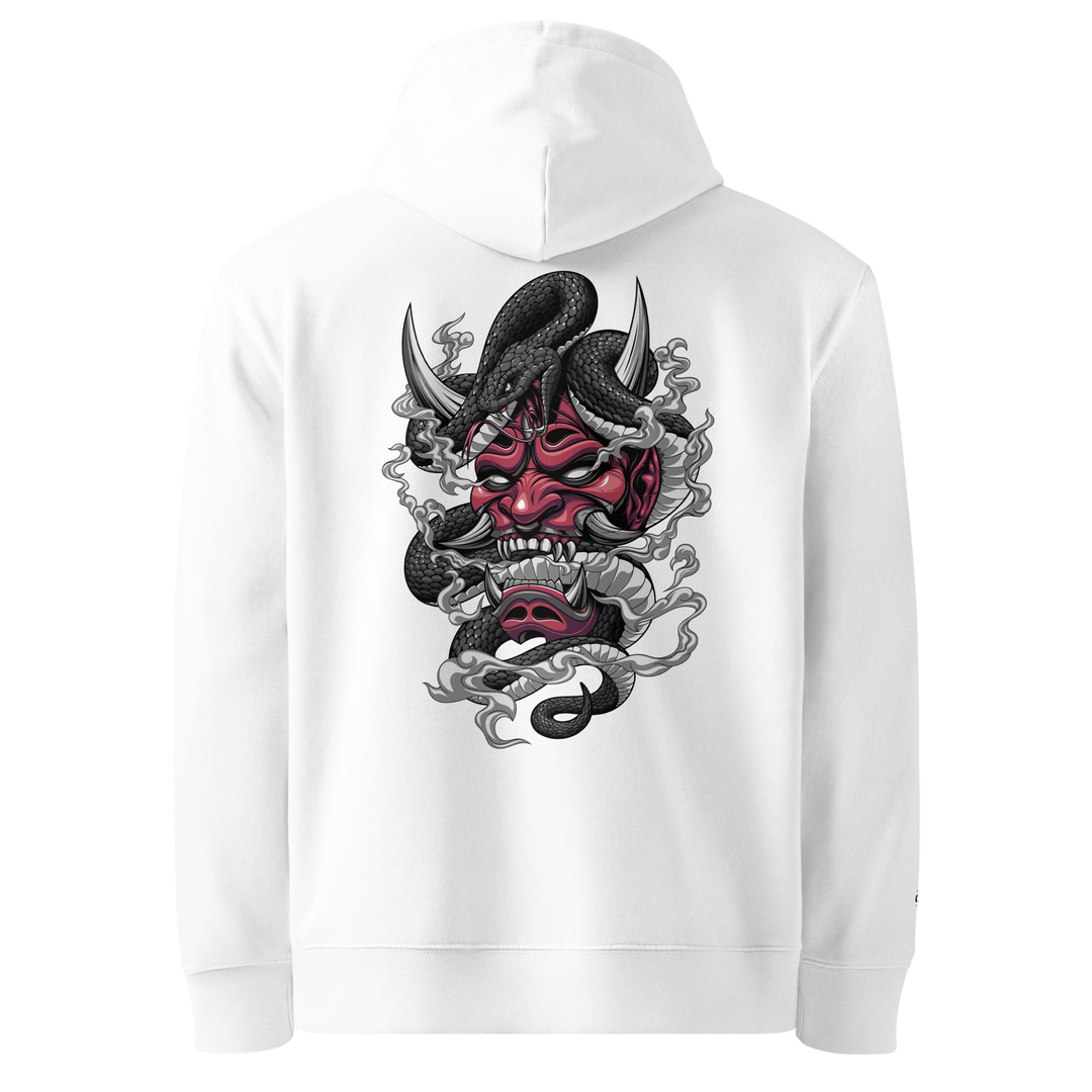 Venomous Visage Graphic Hoodie in White featuring a back print of an Oni mask and a serpent.