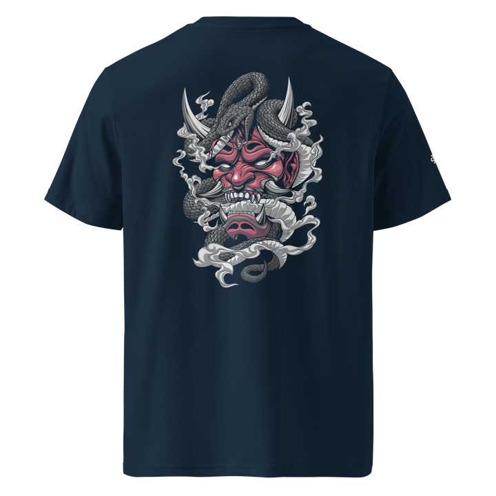 French Navy Venomous Visage Oni Mask Graphic Tee featuring a back print of an Oni mask coiled by a serpent, inspired by Japanese Irezumi art