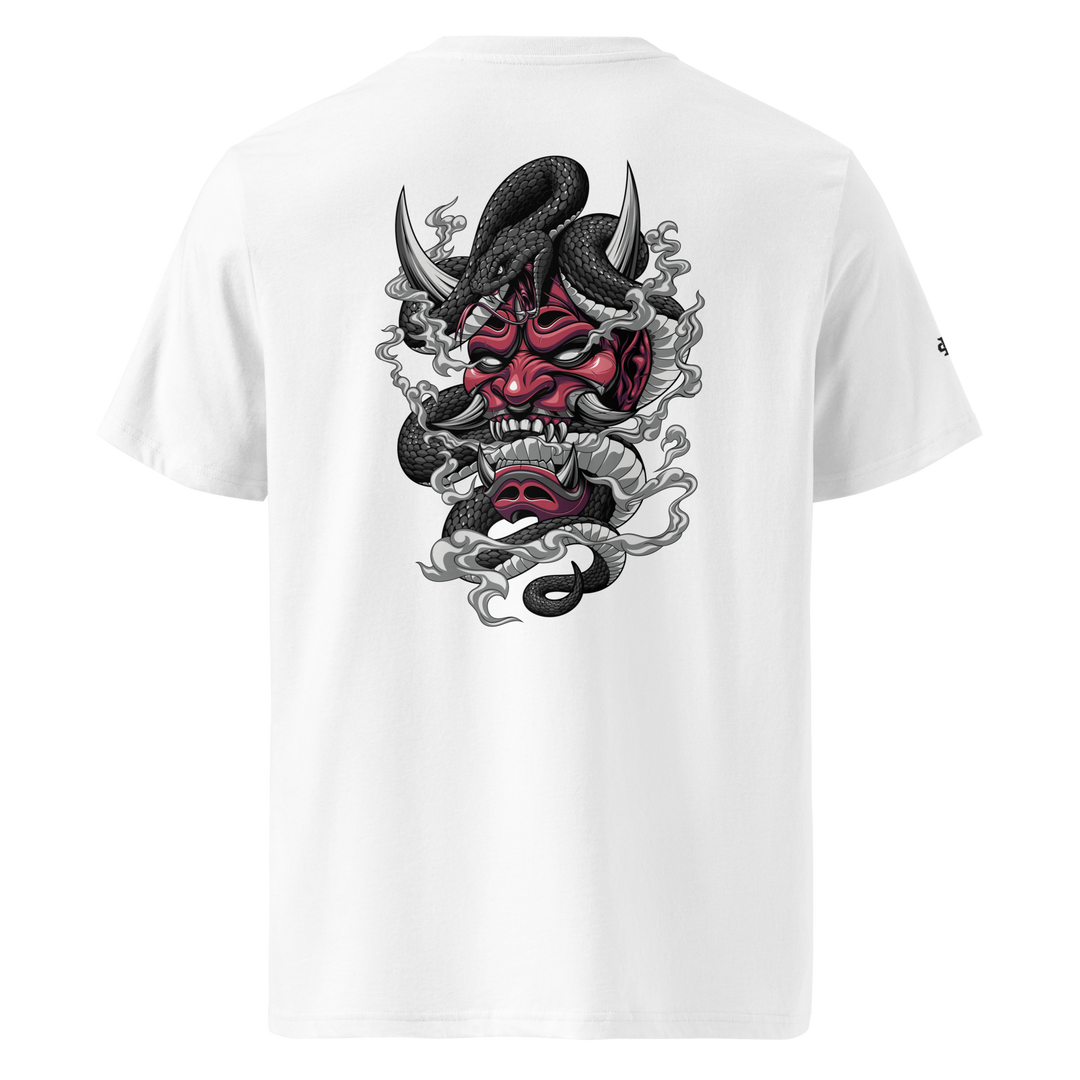 White Venomous Visage Oni Mask Graphic Tee with a back print of an Oni mask and serpent, blending Japanese tattoo art with streetwear fashion