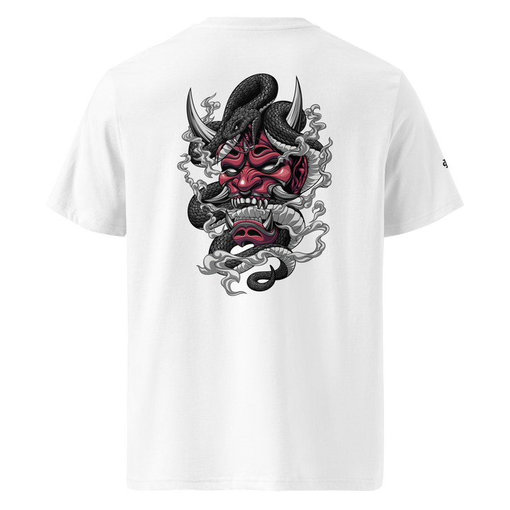 White Venomous Visage Oni Mask Graphic Tee with a back print of an Oni mask and serpent, blending Japanese tattoo art with streetwear fashion