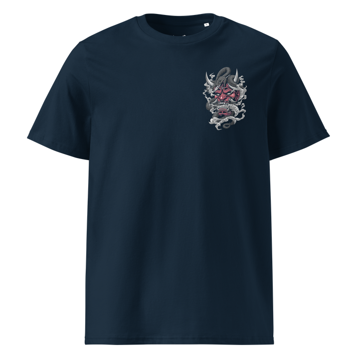 French Navy Venomous Visage Oni Mask Graphic Tee featuring a subtle left chest print of an Oni mask coiled by a serpent, inspired by Japanese Irezumi art