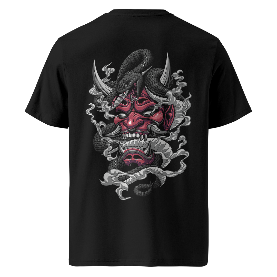 Black 180gsm midweight tee featuring a detailed Irezumi-style Oni mask with a coiling black serpent, surrounded by swirling smoke, symbolizing strength, transformation, and mysticism.