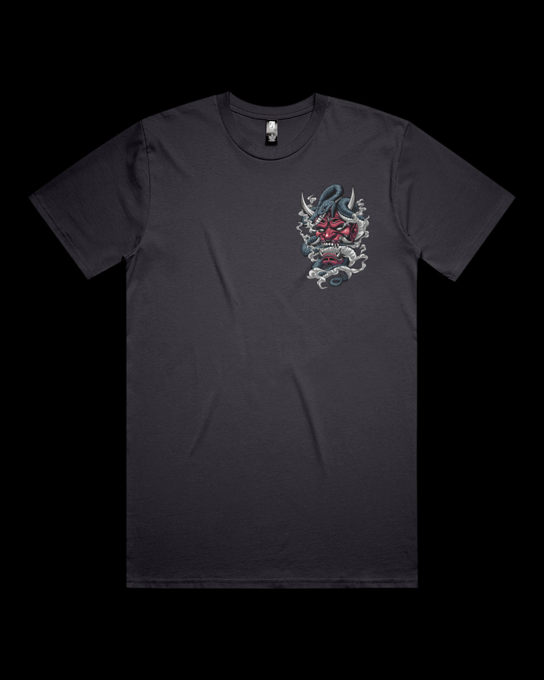 Graphic T-shirt featuring Japanese red oni mask Irezumi-style artwork