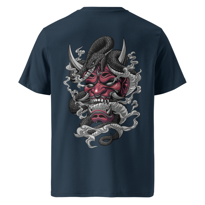 French Navy 180gsm midweight tee featuring a detailed Irezumi-style Oni mask with a coiling black serpent, surrounded by swirling smoke, symbolizing strength, transformation, and mysticism.