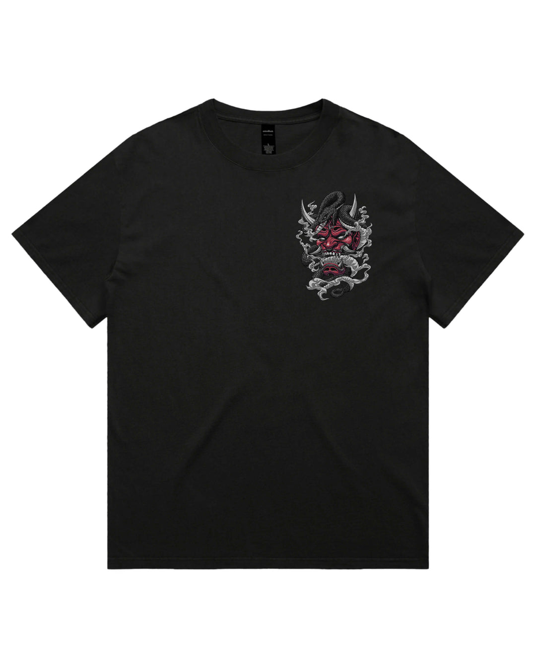 Oversized black t-shirt with red oni mask and snake left chest graphic print