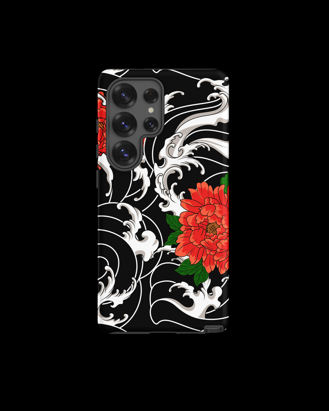 samsung phone case with red floral irezumi tattoo inspired design and white patterns on a black background