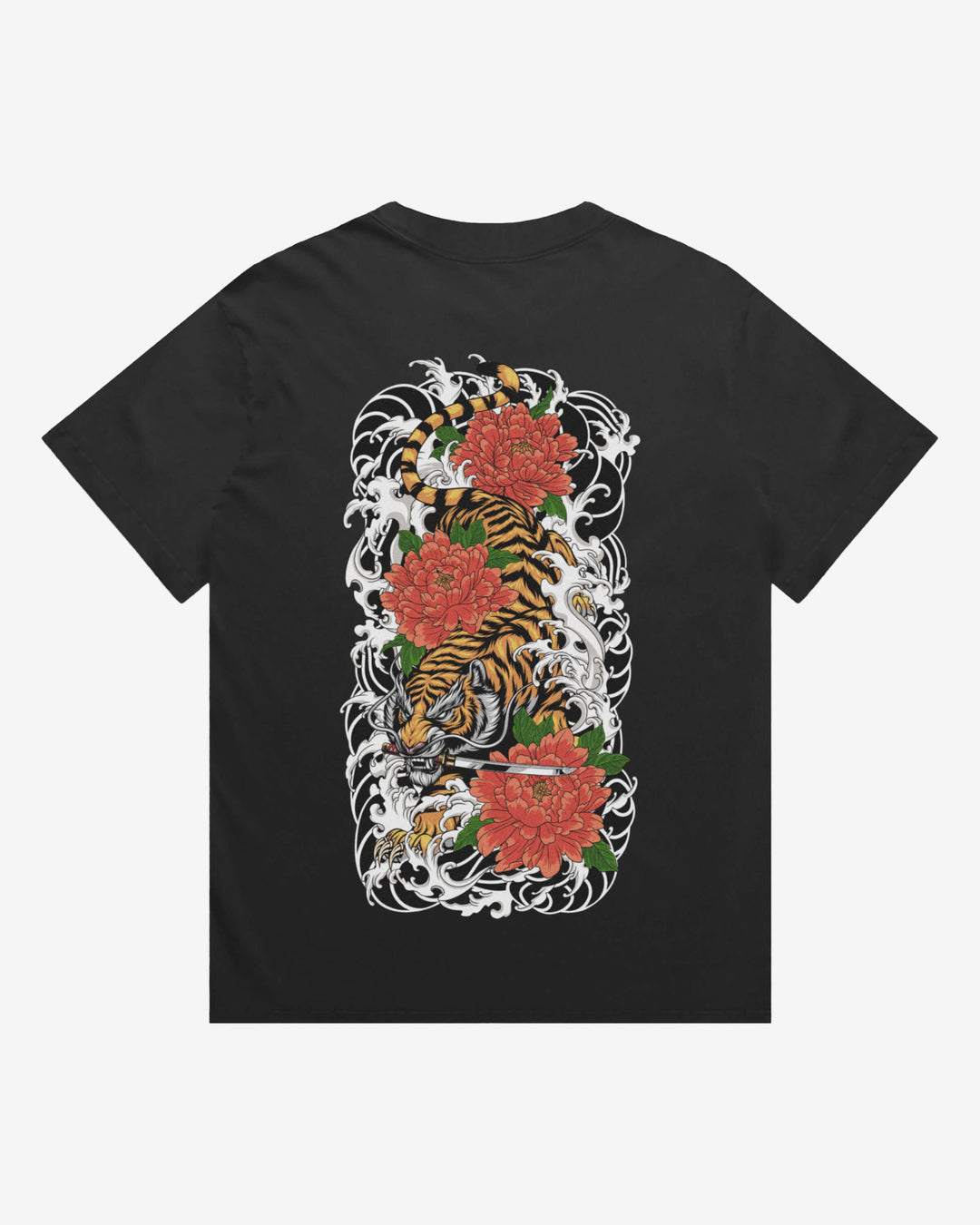 A black short-sleeve vintage tiger t shirt with a large graphic print on the back featuring a tiger, red peonies, and white swirling patterns, shown against a light gray background.
